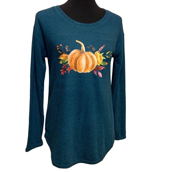 Hand Printed Upcycled Small Pumpkin Autumn Flower Bouquet Long Sleeve Sweater - Picture 1 of 3